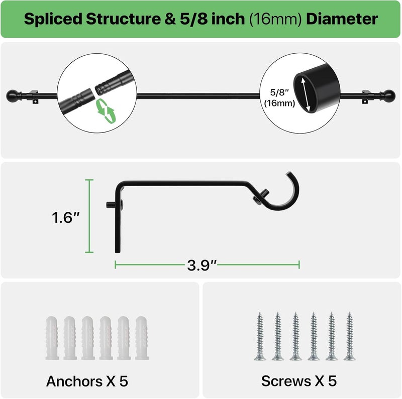 ATUHOLA Black Curtain Rods for Windows 28 to 60 inch, Adjustable Curtain Rod Set with Brackets Easy Install, Decorative Slender 5/8 Diameter Drapery Rod, Heavy Duty Drape Pole for Living Room, Bedroom - Image 3